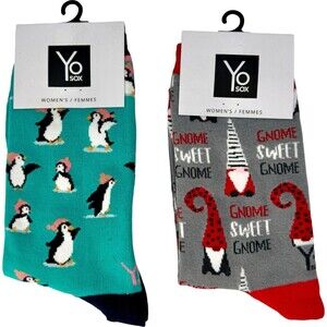 Womens Women's Yo Sox Socks Christmas Xmas Pattern Penguin Gnome Two pair 6-10